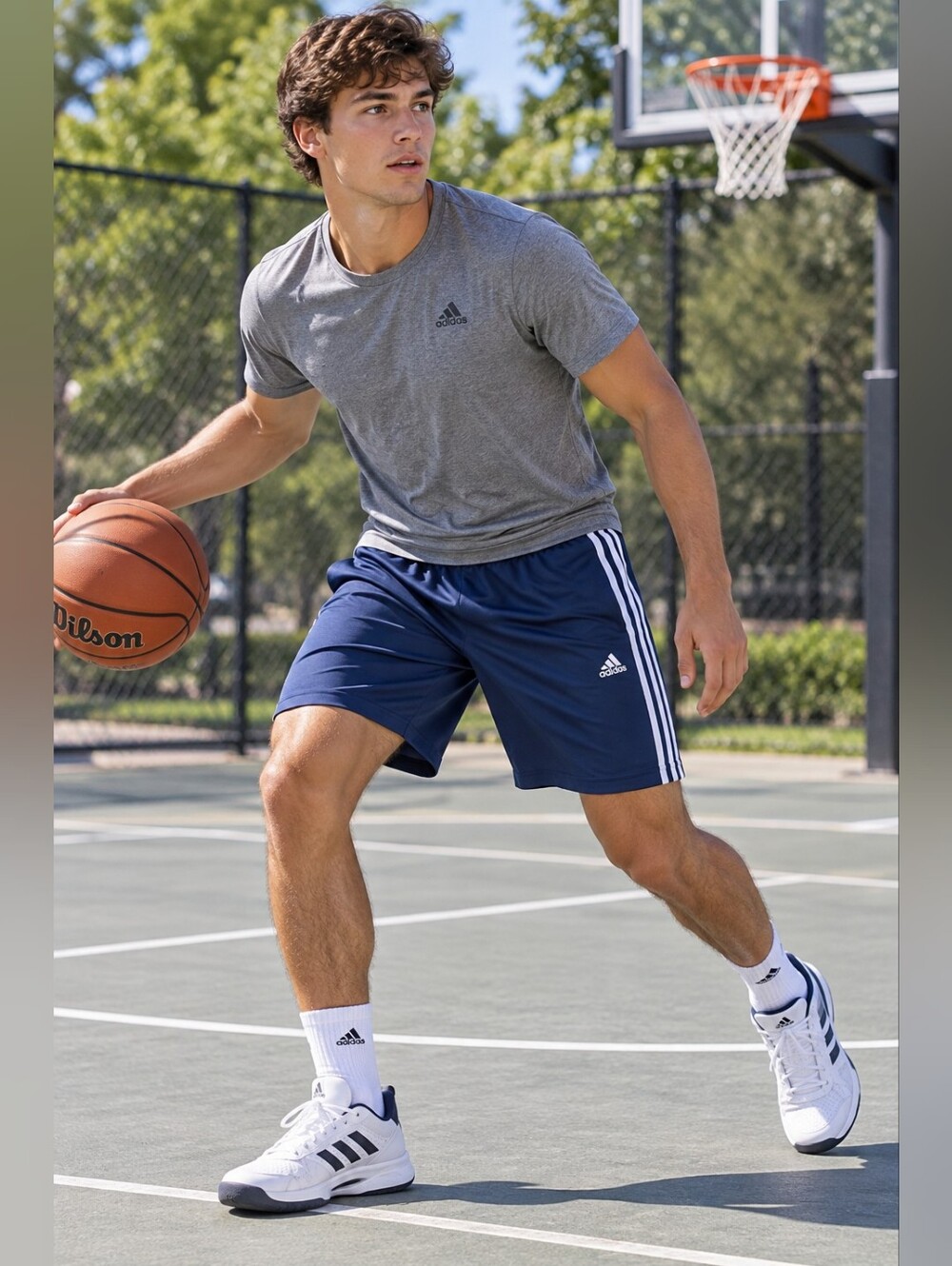 Men's Adidas Navy Blue Athletic Shorts with White Three-Stripes